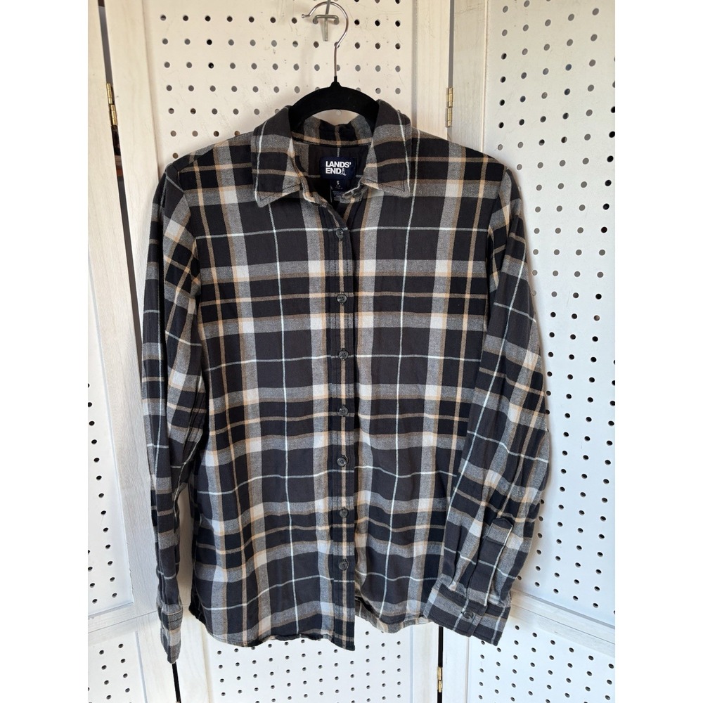 Lands' End Women's Small 6-8 Black Brown Plaid Flannel Button Down‎ Shirt